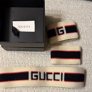 Gucci Cream Headband & Wristlits with Black & Red Logo Stripes (Never Worn)